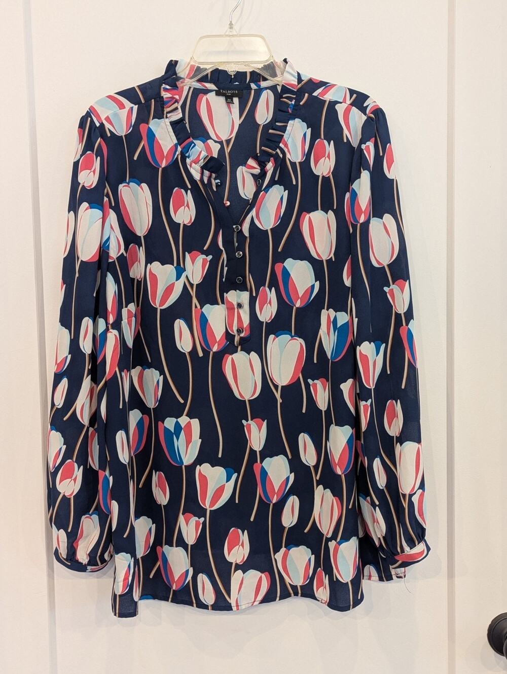 Talbots Blouse Womens 2X Navy Pink Tulip Floral Print Long Sleeve Ruffle Neck